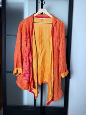 Mara Gibbucci Orange Linen Print Jacket Open Front Size Large
